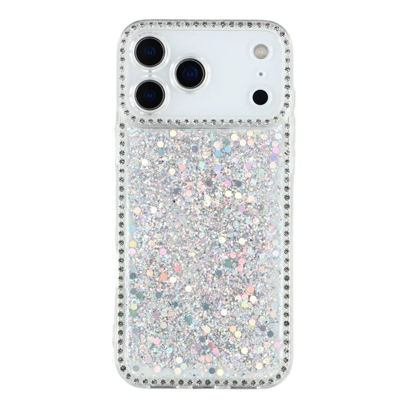For iPhone 17 Pro Case Rhinestone Edge Glitter Epoxy TPU Phone Cover - Silver