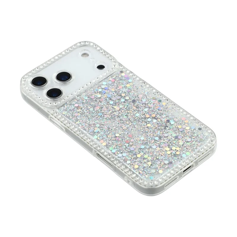 For iPhone 17 Pro Case Rhinestone Edge Glitter Epoxy TPU Phone Cover - Silver