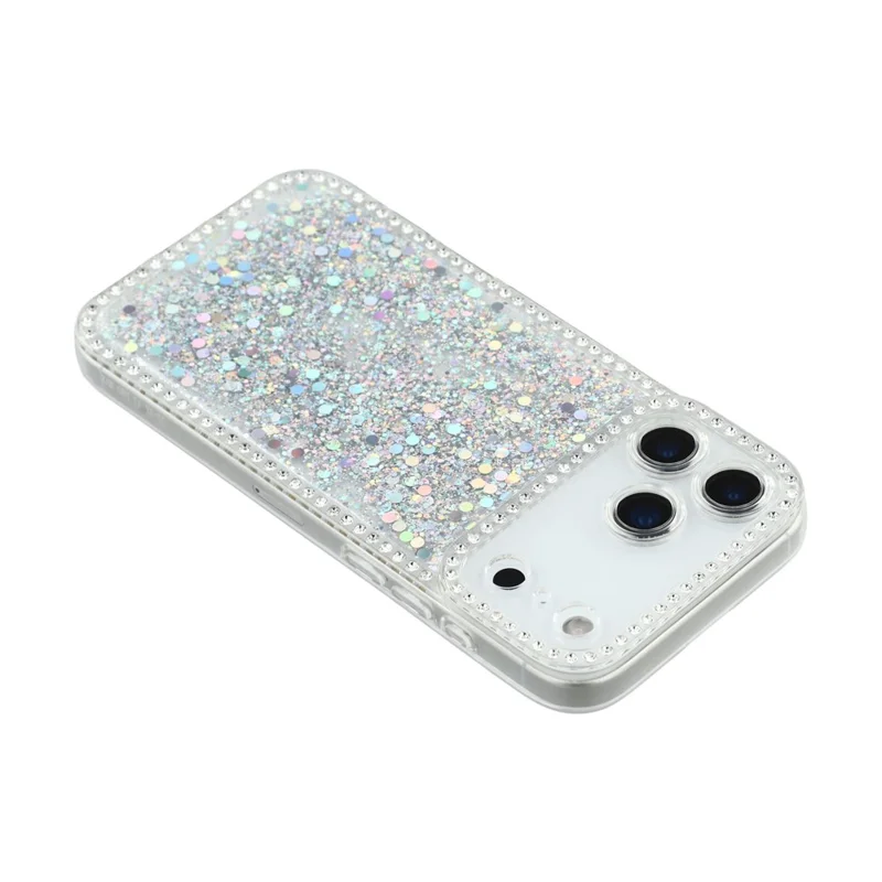 For iPhone 17 Pro Case Rhinestone Edge Glitter Epoxy TPU Phone Cover - Silver