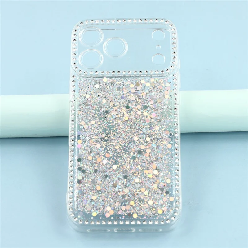 For iPhone 17 Pro Case Rhinestone Edge Glitter Epoxy TPU Phone Cover - Silver