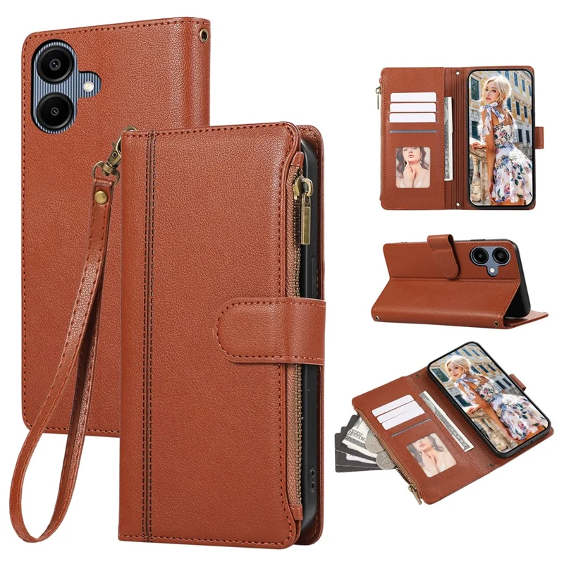 Étui pour Samsung Galaxy A05 4G avec Plusieurs Emplacements pour Cartes, Fermeture à Glissière en Cuir et Dragonne - Marron