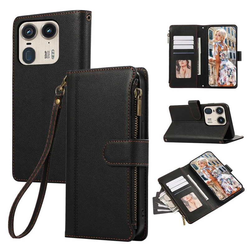 Cover per Motorola Edge 50 Ultra 5G con Multitasche per Carte, Cerniera in Pelle, Cinturino da Polso - Nero