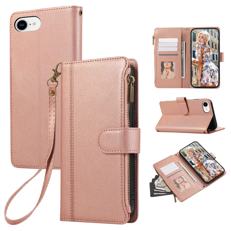 For iPhone 17e / 16e Case Multi Card Slots Zipper Leather Phone Cover with Wrist Strap - Rose Gold