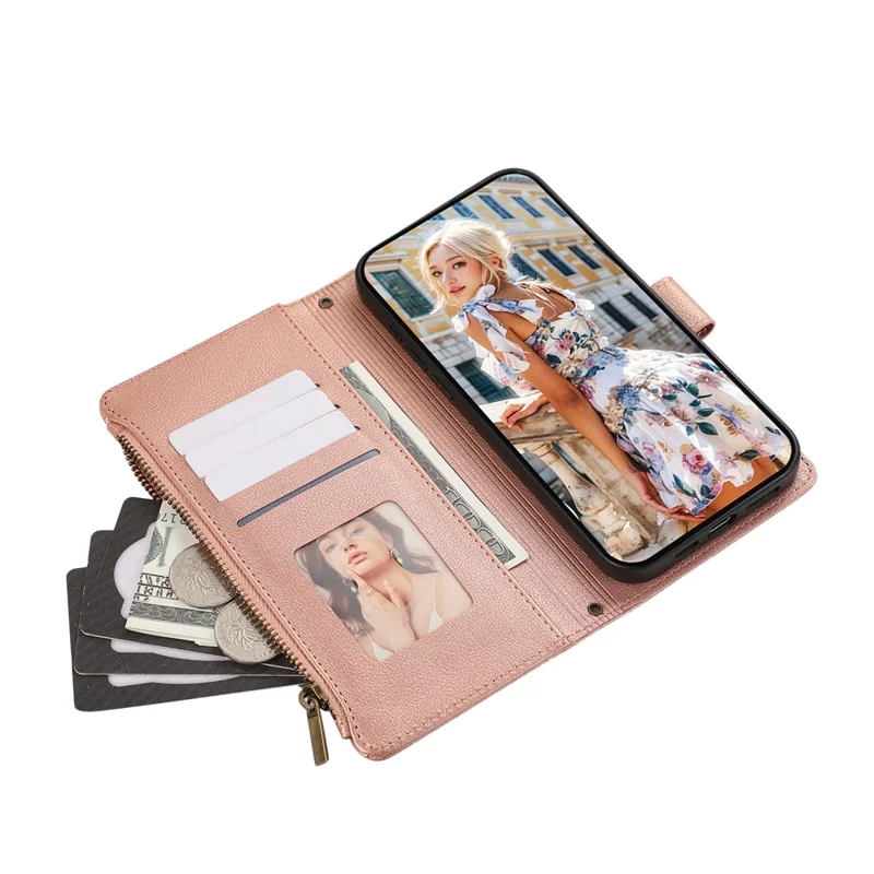 For iPhone 17e / 16e Case Multi Card Slots Zipper Leather Phone Cover with Wrist Strap - Rose Gold