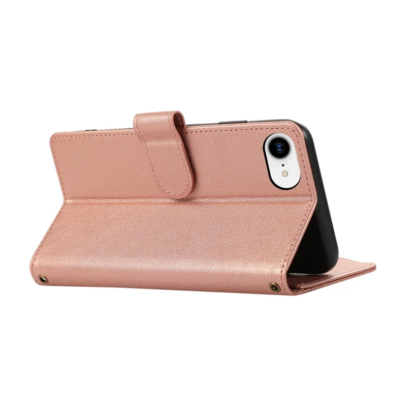 For iPhone 17e / 16e Case Multi Card Slots Zipper Leather Phone Cover with Wrist Strap - Rose Gold