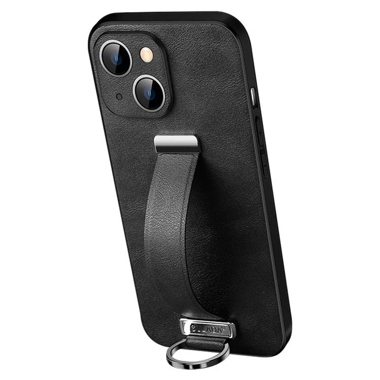 SULADA Fashion Series para iPhone 14 Capa de Telefone com Suporte Dobrável Textura de Cavalo Louco Revestimento de Couro PU PC + Capa de TPU com Pulseira Retrátil - Preto
