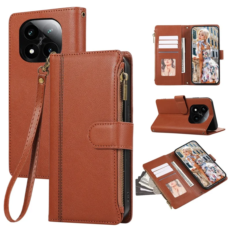 Capa para Xiaomi Redmi Note 14 Pro 4G com Múltiplos Compartimentos para Cartões, Zíper e Alça de Pulso - Marrom