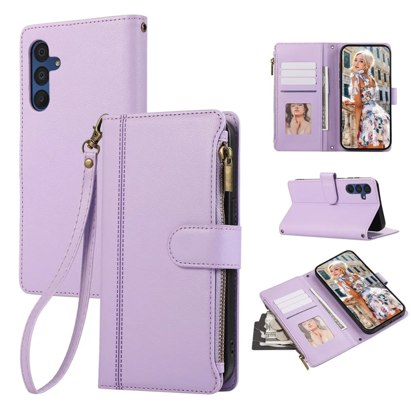 For Samsung Galaxy A56 5G Case Multi Card Slots Zipper Leather Phone Cover with Wrist Strap - Purple