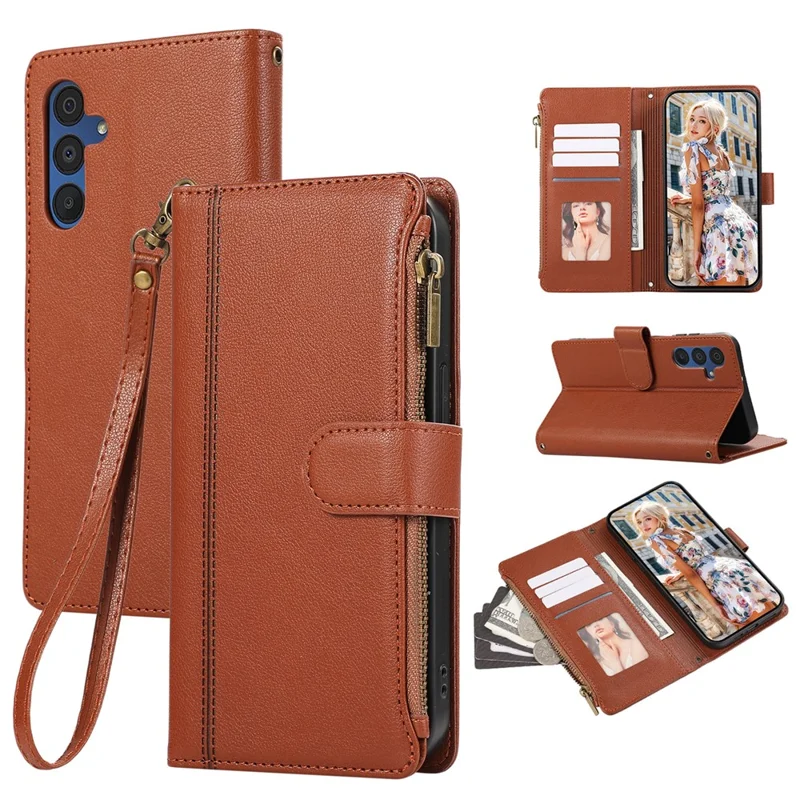 For Samsung Galaxy A36 5G Case Multi Card Slots Zipper Leather Phone Cover with Wrist Strap - Brown