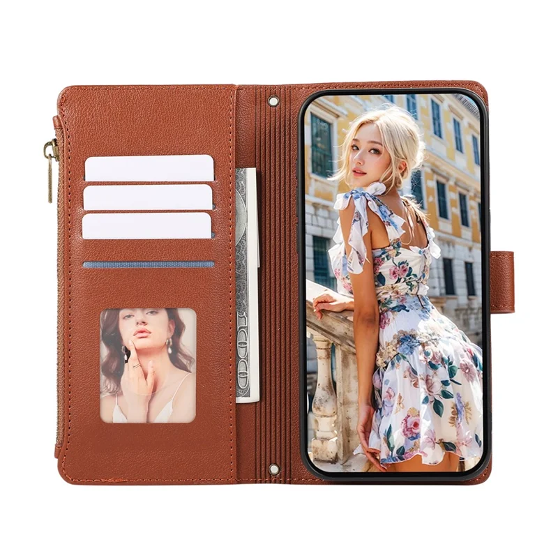 For Samsung Galaxy A36 5G Case Multi Card Slots Zipper Leather Phone Cover with Wrist Strap - Brown