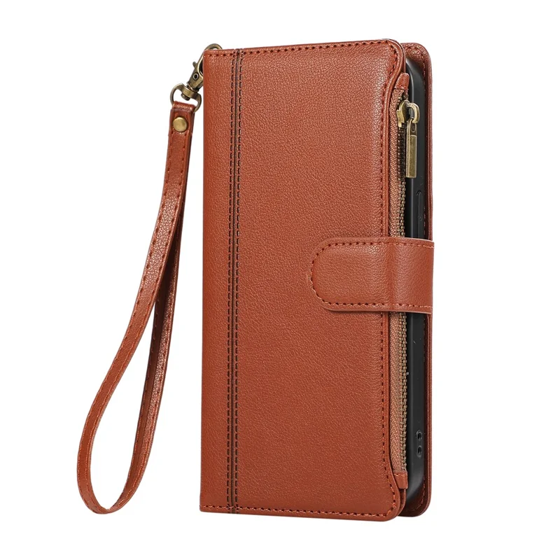 For Samsung Galaxy A36 5G Case Multi Card Slots Zipper Leather Phone Cover with Wrist Strap - Brown