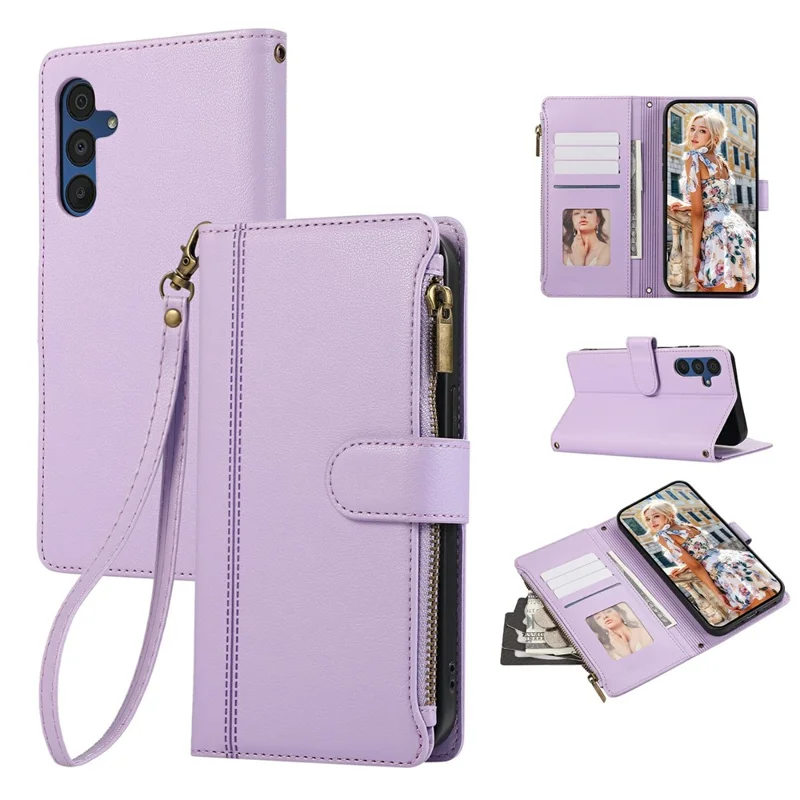 For Samsung Galaxy S25  /  S24 Case Multi Card Slots Zipper Leather Phone Cover with Wrist Strap - Purple