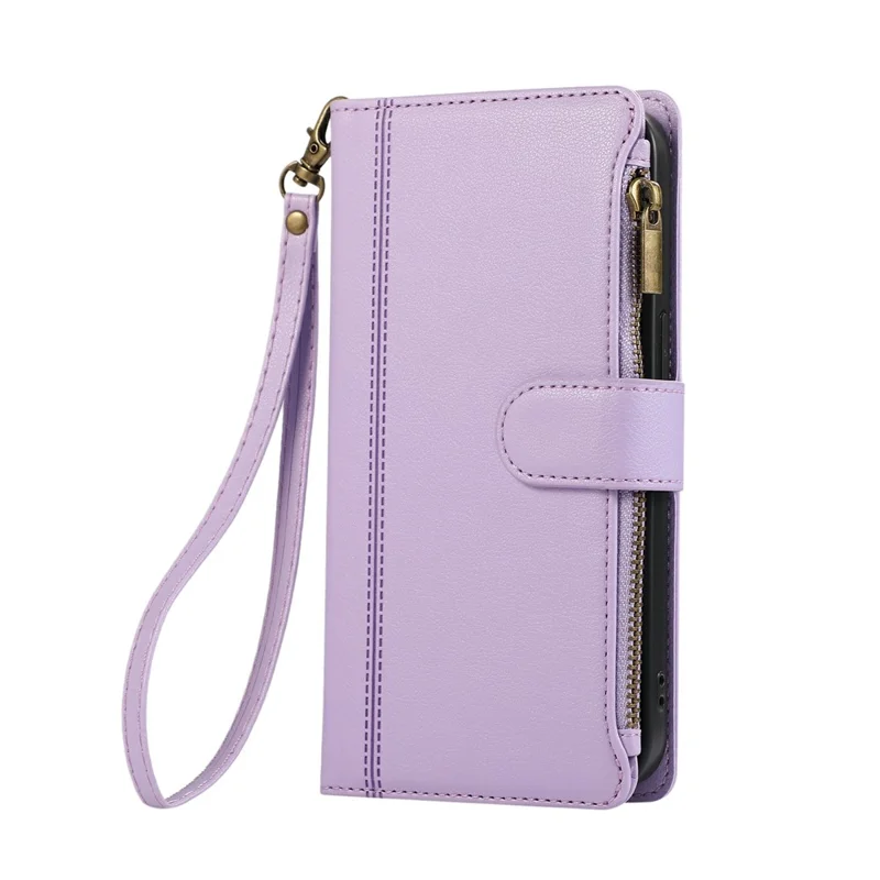 For Samsung Galaxy S25  /  S24 Case Multi Card Slots Zipper Leather Phone Cover with Wrist Strap - Purple