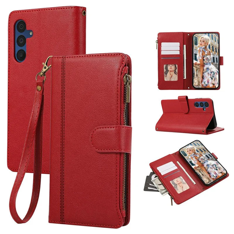 For Samsung Galaxy A55 5G Case Multi Card Slots Zipper Leather Phone Cover with Wrist Strap - Red