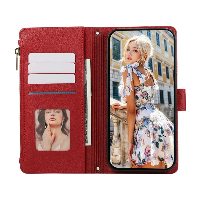 For Samsung Galaxy A55 5G Case Multi Card Slots Zipper Leather Phone Cover with Wrist Strap - Red