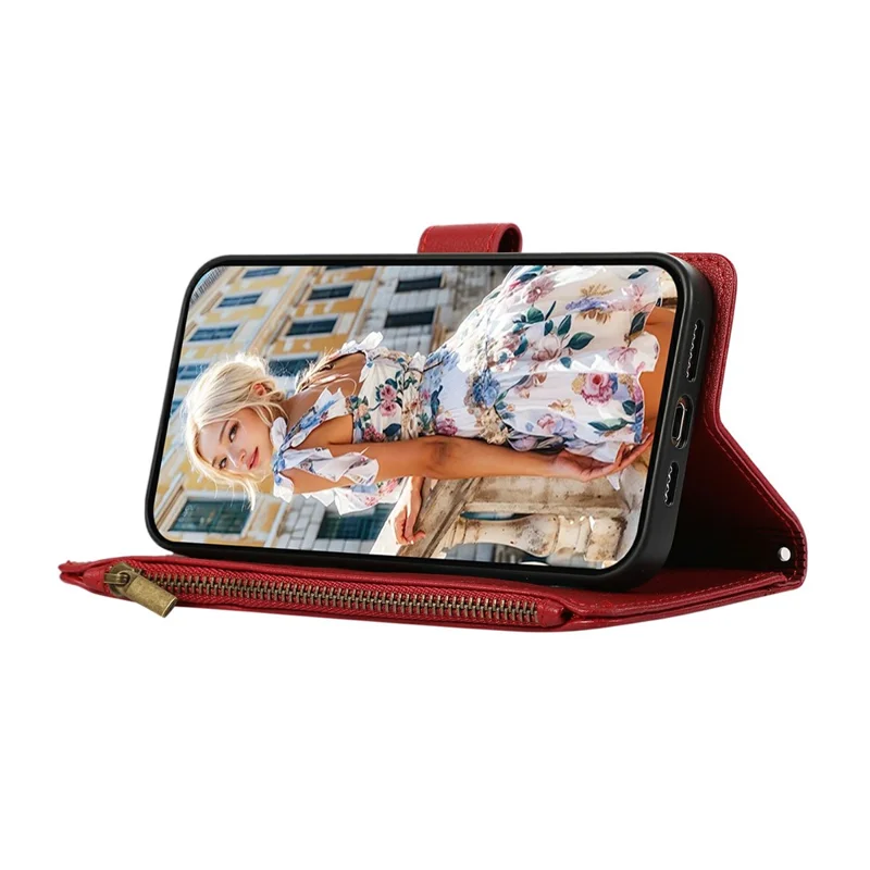 For Samsung Galaxy A55 5G Case Multi Card Slots Zipper Leather Phone Cover with Wrist Strap - Red