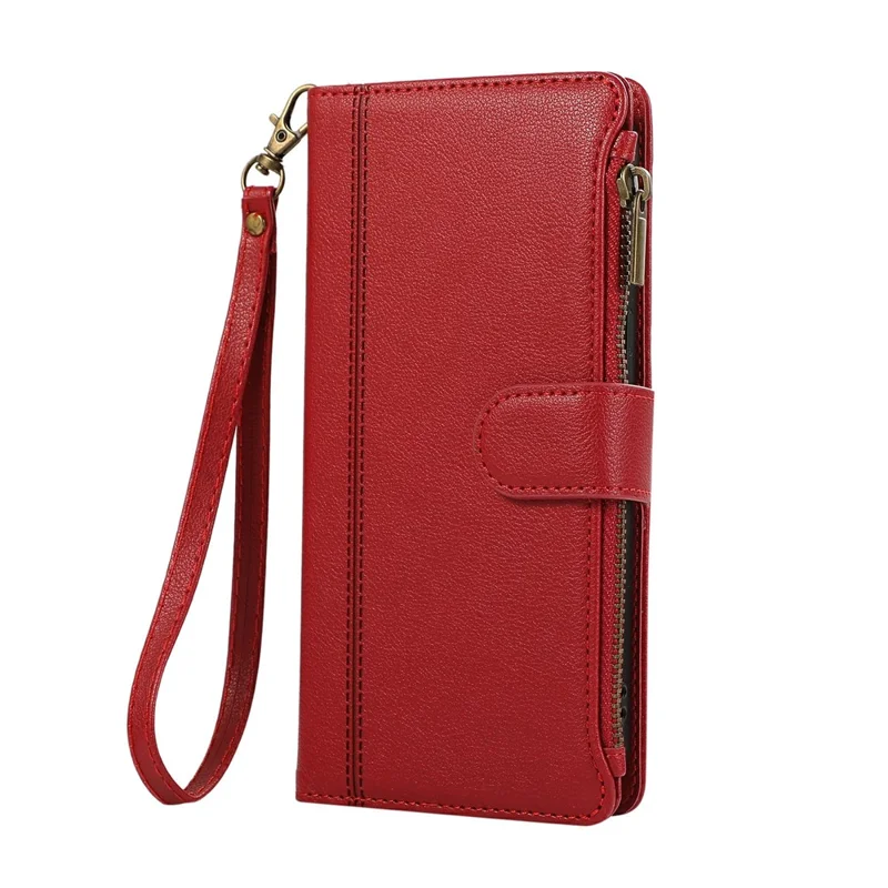 For Samsung Galaxy A55 5G Case Multi Card Slots Zipper Leather Phone Cover with Wrist Strap - Red