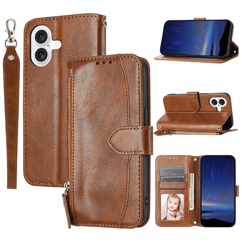For iPhone 17 Case Zipper Pocket Wallet Leather Phone Cover with Wrist Strap - Brown