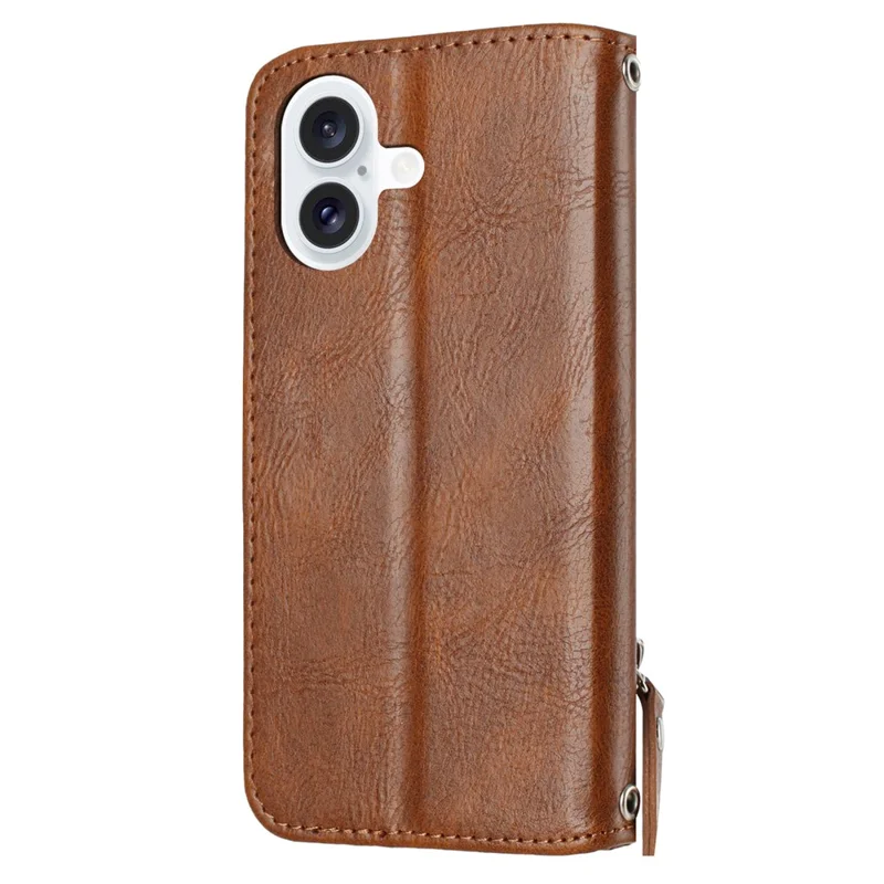 For iPhone 17 Case Zipper Pocket Wallet Leather Phone Cover with Wrist Strap - Brown