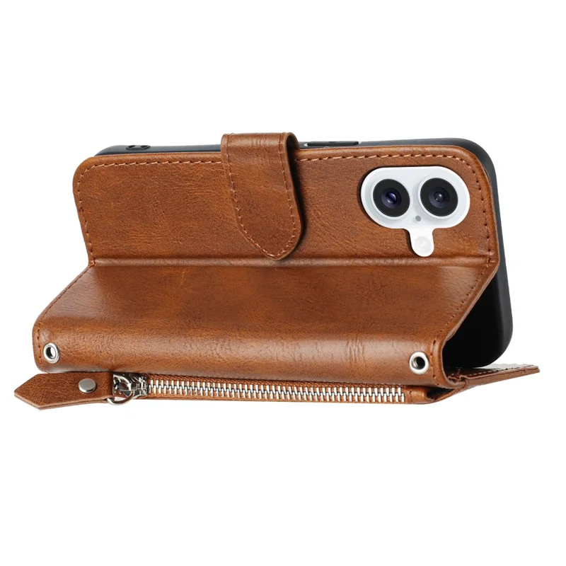 For iPhone 17 Case Zipper Pocket Wallet Leather Phone Cover with Wrist Strap - Brown