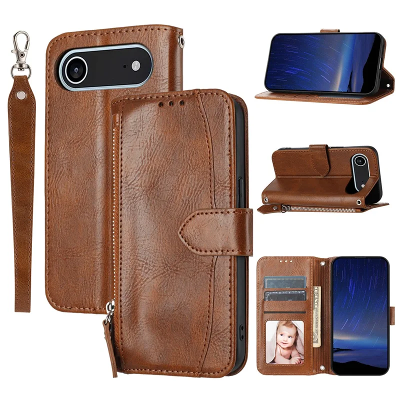 For iPhone Air Case Zipper Pocket Wallet Leather Phone Cover with Wrist Strap - Brown
