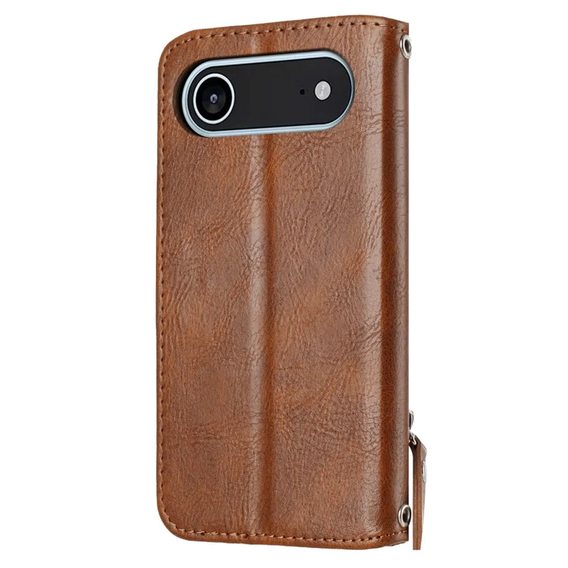For iPhone Air Case Zipper Pocket Wallet Leather Phone Cover with Wrist Strap - Brown