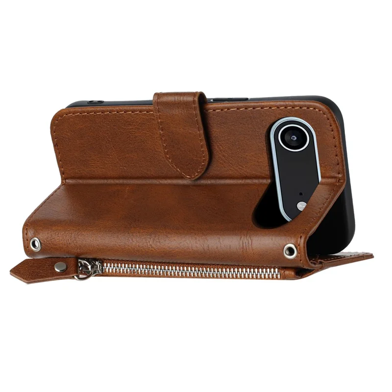 For iPhone Air Case Zipper Pocket Wallet Leather Phone Cover with Wrist Strap - Brown
