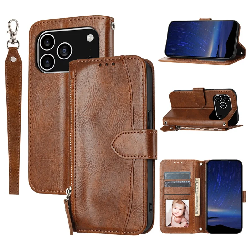 For iPhone 17 Pro Case Zipper Pocket Wallet Leather Phone Cover with Wrist Strap - Brown