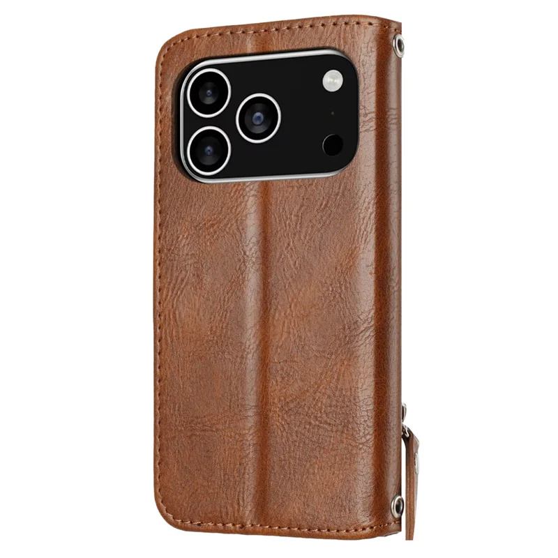 For iPhone 17 Pro Case Zipper Pocket Wallet Leather Phone Cover with Wrist Strap - Brown