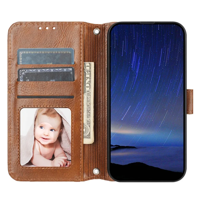 For iPhone 17 Pro Case Zipper Pocket Wallet Leather Phone Cover with Wrist Strap - Brown