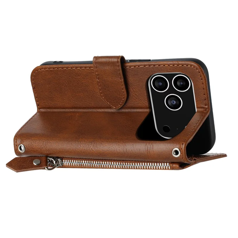 For iPhone 17 Pro Case Zipper Pocket Wallet Leather Phone Cover with Wrist Strap - Brown