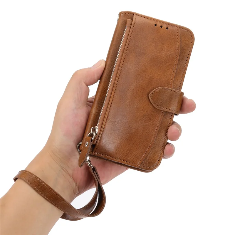 For iPhone 17 Pro Case Zipper Pocket Wallet Leather Phone Cover with Wrist Strap - Brown