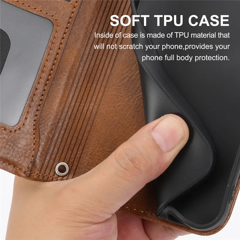 For iPhone 17 Pro Case Zipper Pocket Wallet Leather Phone Cover with Wrist Strap - Brown