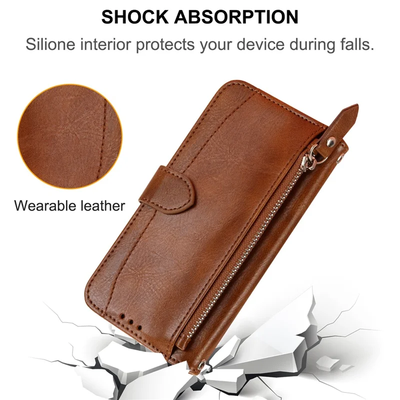 For iPhone 17 Pro Case Zipper Pocket Wallet Leather Phone Cover with Wrist Strap - Brown