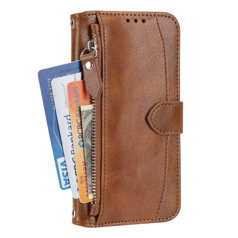 For iPhone 17 Pro Case Zipper Pocket Wallet Leather Phone Cover with Wrist Strap - Brown