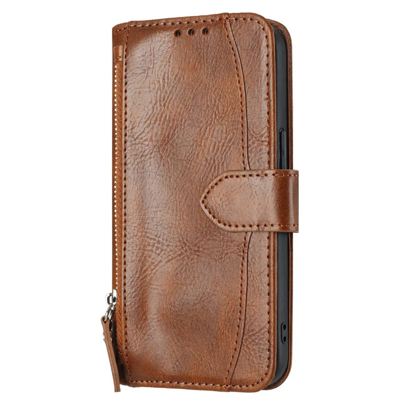 For iPhone 17 Pro Case Zipper Pocket Wallet Leather Phone Cover with Wrist Strap - Brown