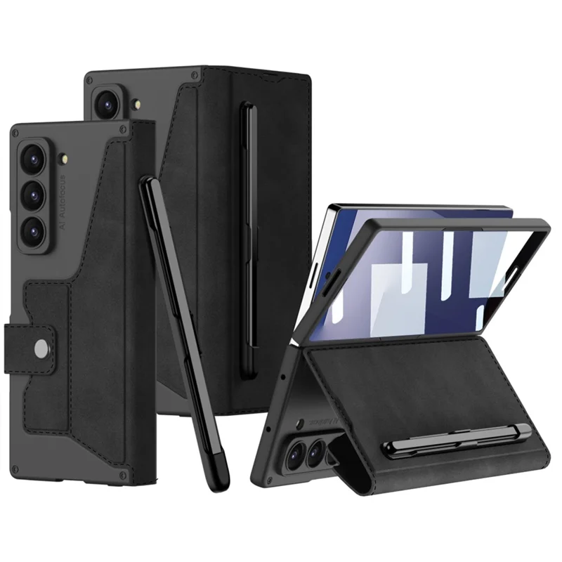 GKK For Samsung Galaxy Z Fold7 5G Kickstand Case Pencil Slot PC+PU Phone Cover with Screen Film - Black