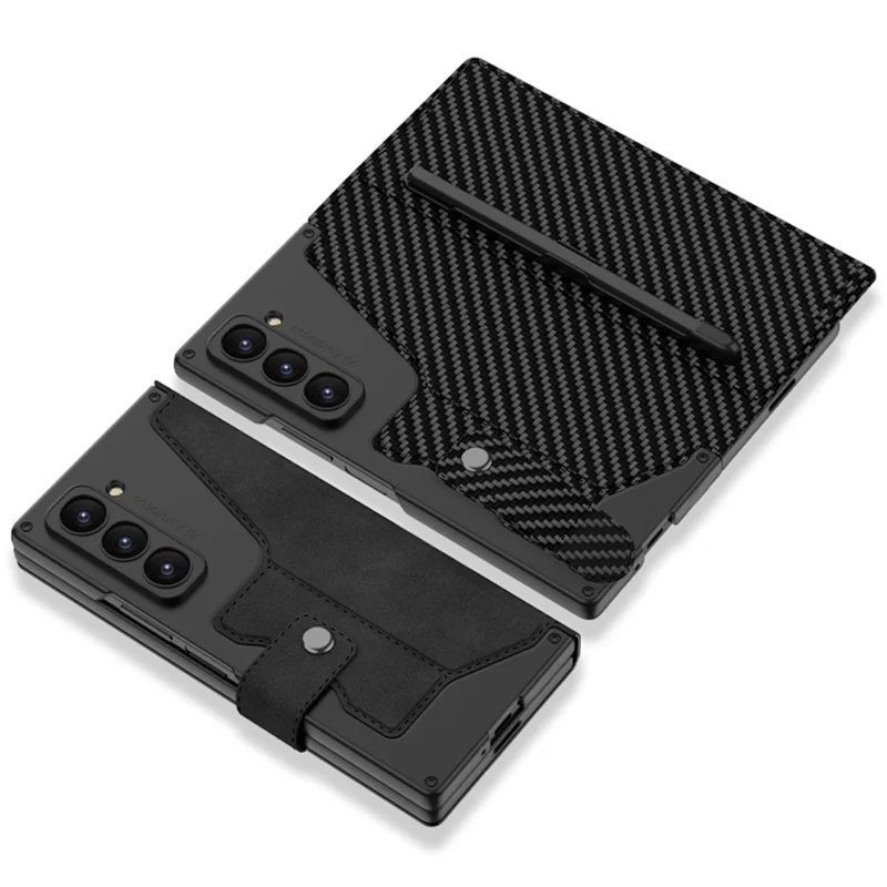GKK For Samsung Galaxy Z Fold7 5G Kickstand Case Pencil Slot PC+PU Phone Cover with Screen Film - Carbon Fiber