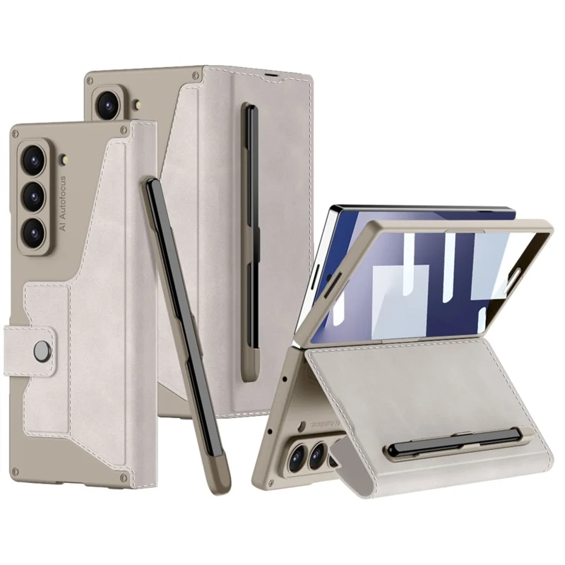 GKK Pour Samsung Galaxy Z Fold7 5G Étui avec Support et Emplacement pour Stylo, Coque de Téléphone PC+PU avec Film de Protection - Gris Titane
