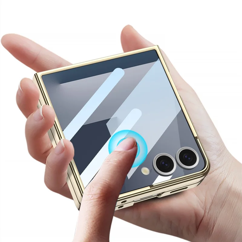 GKK For Samsung Galaxy Z Flip7 5G Case Electroplating Hard PC Tempered Glass Phone Cover with Screen Film - Champagne Gold