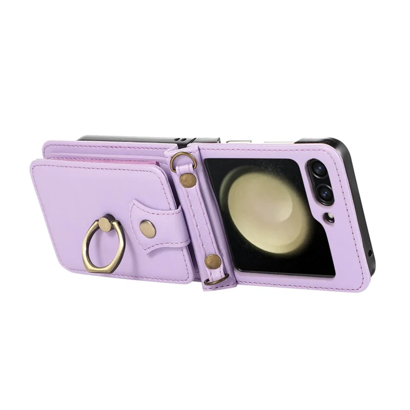 Für Samsung Galaxy Z Flip7 5G Hülle mit Kartenhalter, Ring-Ständer, TPU + PU-Leder Handyhülle mit langem Trageriemen - Lila