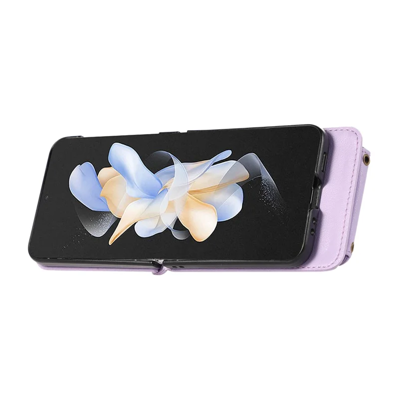 Für Samsung Galaxy Z Flip7 5G Hülle mit Kartenhalter, Ring-Ständer, TPU + PU-Leder Handyhülle mit langem Trageriemen - Lila