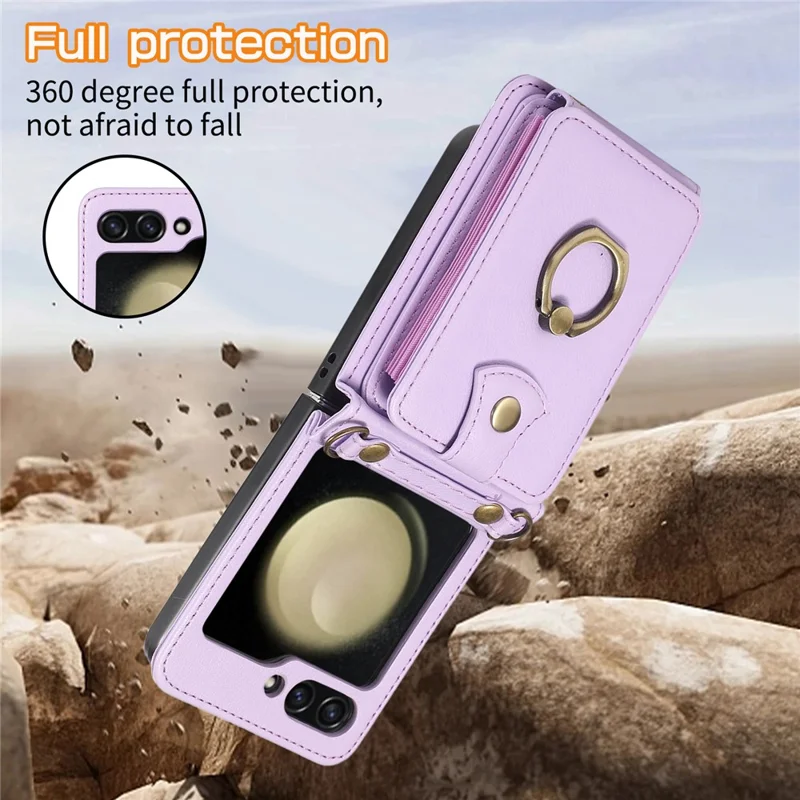 Für Samsung Galaxy Z Flip7 5G Hülle mit Kartenhalter, Ring-Ständer, TPU + PU-Leder Handyhülle mit langem Trageriemen - Lila