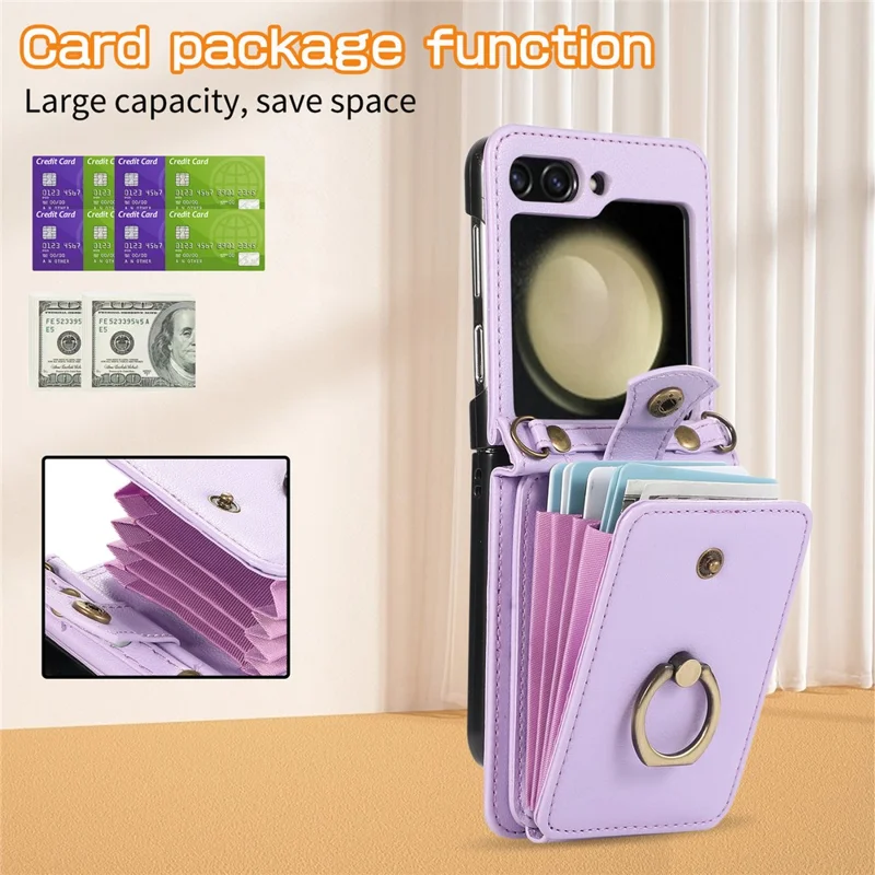 Für Samsung Galaxy Z Flip7 5G Hülle mit Kartenhalter, Ring-Ständer, TPU + PU-Leder Handyhülle mit langem Trageriemen - Lila