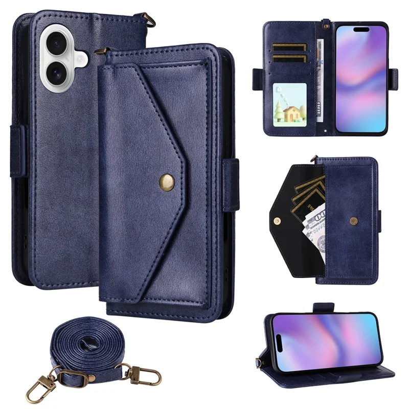For iPhone 17 Leather Case Magnetic Closure Wallet Stand Phone Cover with Crossbody Strap - Blue