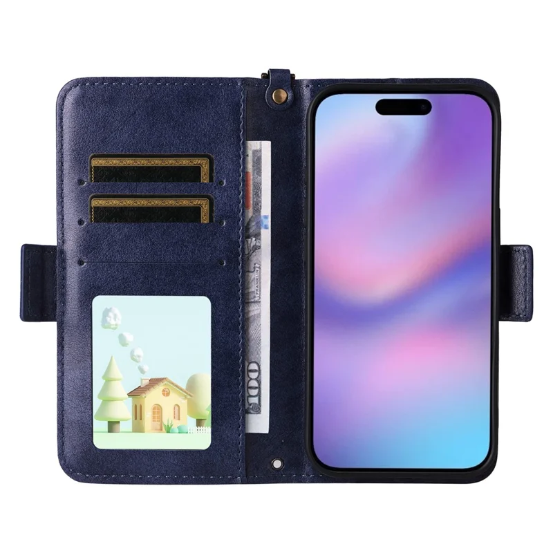 For iPhone 17 Leather Case Magnetic Closure Wallet Stand Phone Cover with Crossbody Strap - Blue