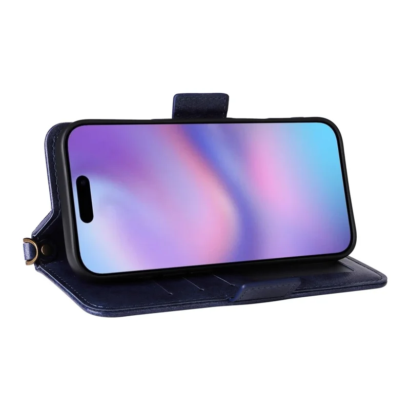 For iPhone 17 Leather Case Magnetic Closure Wallet Stand Phone Cover with Crossbody Strap - Blue