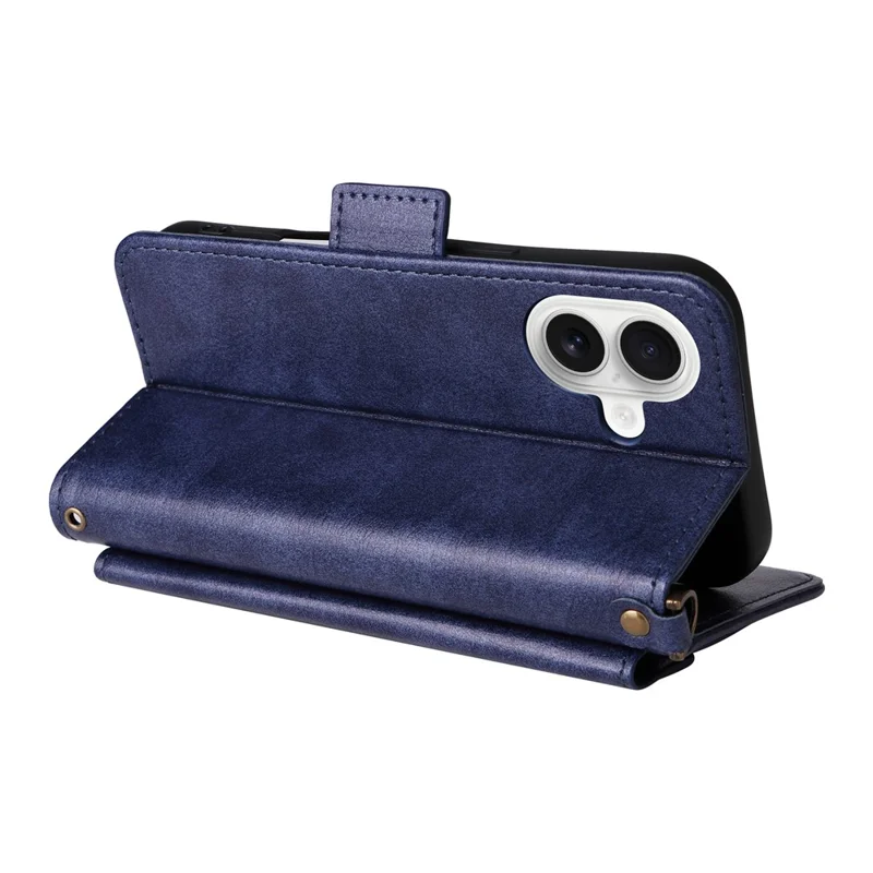 For iPhone 17 Leather Case Magnetic Closure Wallet Stand Phone Cover with Crossbody Strap - Blue