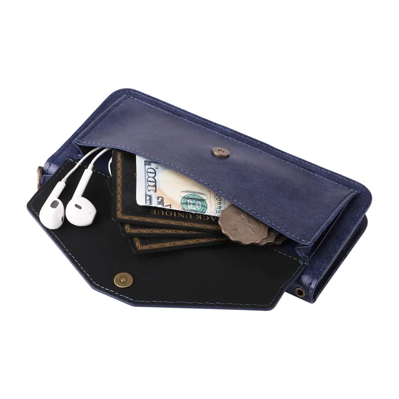For iPhone 17 Leather Case Magnetic Closure Wallet Stand Phone Cover with Crossbody Strap - Blue