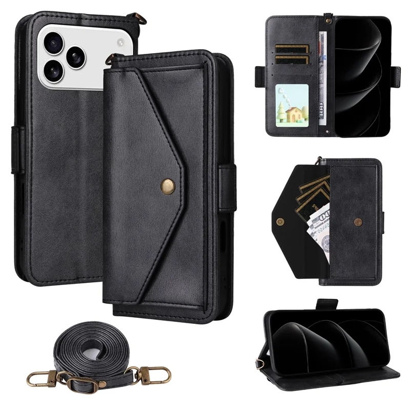 For iPhone 17 Pro Leather Case Magnetic Closure Wallet Stand Phone Cover with Crossbody Strap - Black